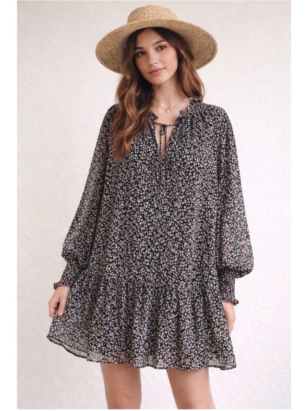 MANGO Black & Tan Floral Cottagecore Dress Sz M